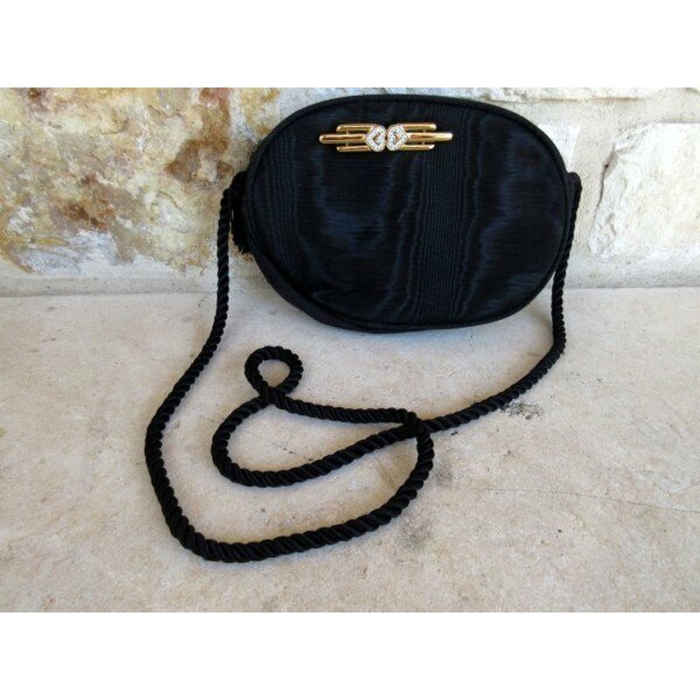 Monet Black Satin Evening Purse Crossbody Handbag Rope Strap Gold Pin